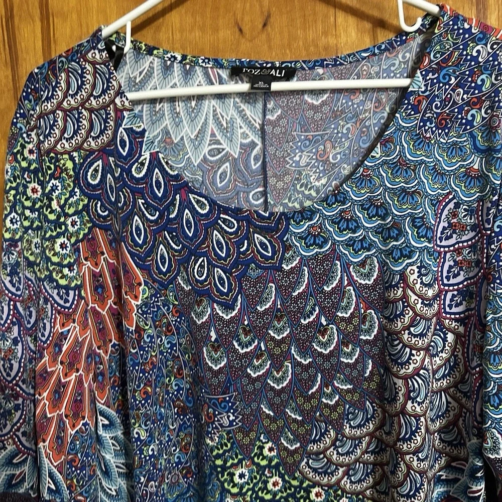 Dress Women's XL Multicolored Boho‎ Flowy Gypsy  Y2K Peacock Bell Sleeve NEW